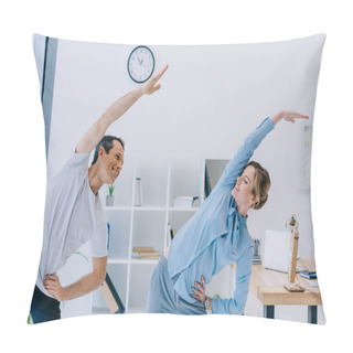 Personality  Businesswoman Doing Side Bend With Trainer At Office Pillow Covers