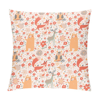 Personality  Fox, Bear, Rabbit, Owl, Snail In Trees And Flowers. Pillow Covers