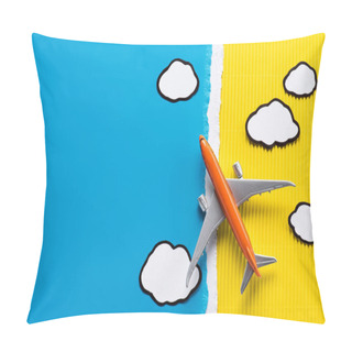 Personality  Top View Of Toy Plane And Paper Clouds On Yellow And Blue Background, Trip Concept Pillow Covers