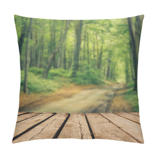 Personality  Blurred Background Of Autumn Forest And Brown Wooden Deck Table. Ready For Product Montage Display Pillow Covers