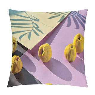 Personality  Close-up On Ripe Sweet Japanese Quince Fruits On Pink And Purple Geometric Layered Paper. Long Shadows From The Fruits And Palm Leaves. Vibrant Yellow, Pink And Purple Autumn Color Palette. Pillow Covers