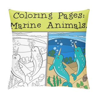 Personality  Coloring Pages: Marine Animals. Two Little Cute Narwhals Swim Un Pillow Covers
