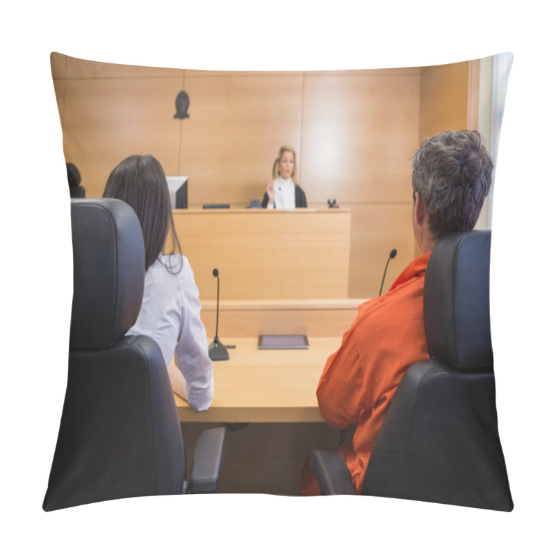 Personality  Lawyer and client listening to judge pillow covers