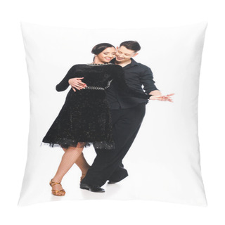 Personality  Elegant Young Couple Of Ballroom Dancers In Black Dress And Suit Dancing Isolated On White Pillow Covers