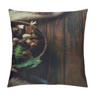 Personality  Top View Of Fresh Picked Edible Mushrooms In Basket, Knife, Rope And Sackcloth On Wooden Table Pillow Covers