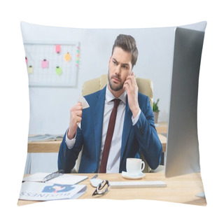 Personality  Aggressive Businessman Talking By Smartphone And Crumpling Sheet Of Paper Pillow Covers