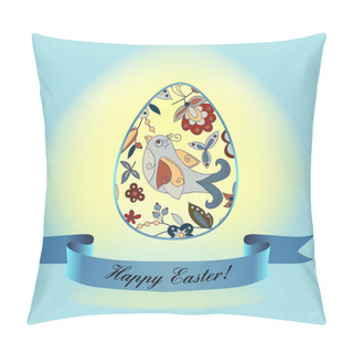 Personality  An Egg With A Blue Ribbon Ornament With Bird, Flowers, Buds, Branches. Congratulations With Easter. Pillow Covers