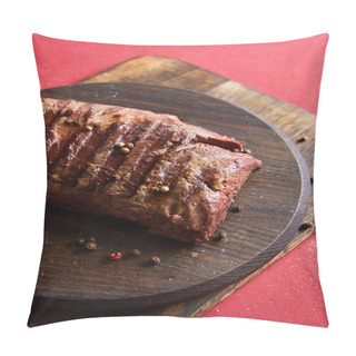 Personality  Tasty Grilled Steak Served On Wooden Boards On Red Background With Pepper And Salt Pillow Covers