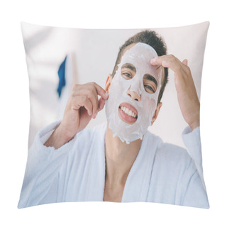 Personality  Young Man In Bathrobe Trying To Take Off Face Mask While Looking At Camera Pillow Covers