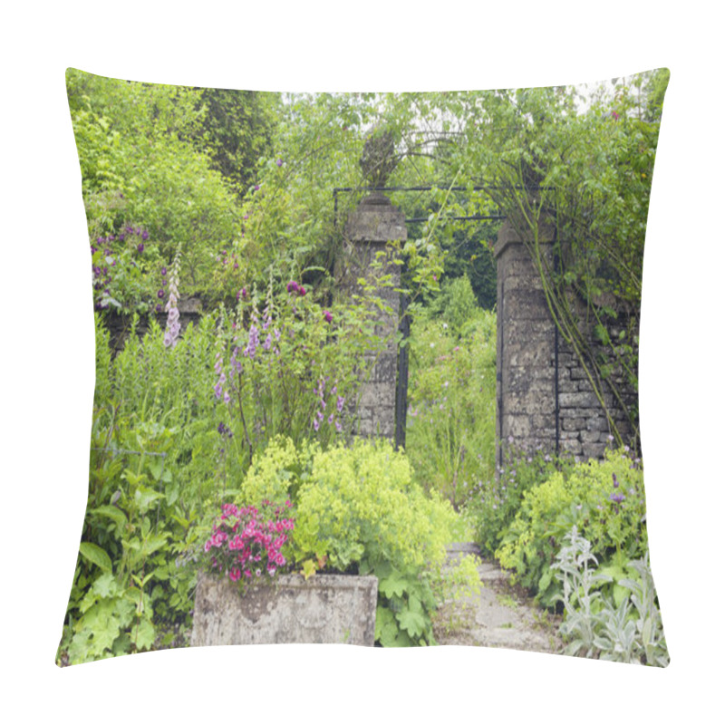 Personality  Open gate to an english, lush, flowering garden, on a summer day. pillow covers