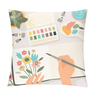 Personality  Stay At Home. Woman Paints Flowers In Sketchbook. Vector Illustration. Pillow Covers