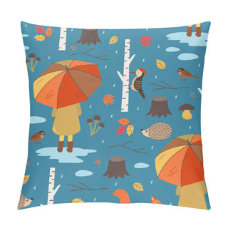 Personality  Seamless Autumn Pattern With A Girl Under An Umbrella- Vector Illustration, Eps     Pillow Covers