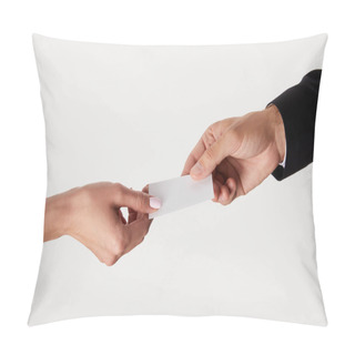 Personality  Cropped Image Of Businessman Giving Visit Card To Businesswoman Isolated On White Background Pillow Covers