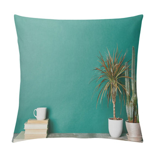 Personality  Plants In Flowerpots And Cup Of Coffee On Books On Green Background Pillow Covers