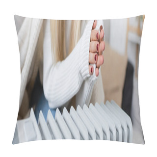 Personality  Cropped View Of Young Woman Covered In Blanket Warming Hands Near Radiator Heater, Banner Pillow Covers