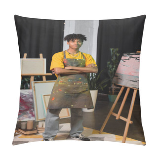 Personality  Smiling African American Artist Crossing Arms Near Paintings In Studio  Pillow Covers