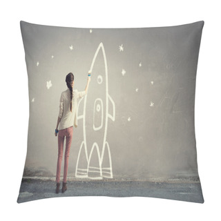 Personality  Girl Drawing Rocket . Mixed Media Pillow Covers