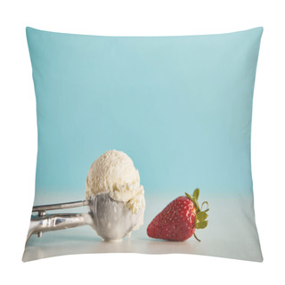 Personality  Scoop Of Delicious Ice Cream In Spoon And Strawberry On Blue With Copy Space Pillow Covers