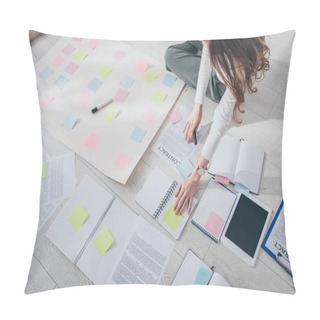 Personality  Cropped View Of Businesswoman Sitting On Floor Near Digital Tablet With Blank Screen And Sticky Notes  Pillow Covers