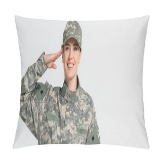 Personality  Cheerful Soldier Saluting And Looking At Camera Isolated On Grey, Banner  Pillow Covers