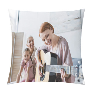 Personality  Positive Lesbian Woman Playing Acoustic Guitar Near Blurred Girlfriend And Child At Home  Pillow Covers