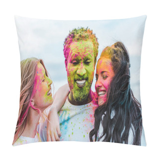 Personality  Selective Focus Of Girls With Colorful Holi Paints On Faces Near African American Man With Closed Eyes Pillow Covers