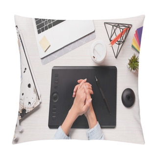 Personality  Cropped View Of Designer Holding Hands Above Office Desk With Laptop, Graphics Tablet And Pen Pillow Covers