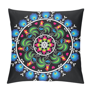 Personality   Polish Traditional Folk Art Pattern In Circle With Roosters - Wzory Lowickie, Wycinanka Pillow Covers