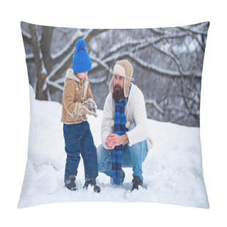 Personality  Happy Smiling Family On Sunny Winter Day. Winter Father And Son. Enjoying Nature Wintertime. The Morning Before Christmas. Merry Christmas And Happy New Year. Pillow Covers