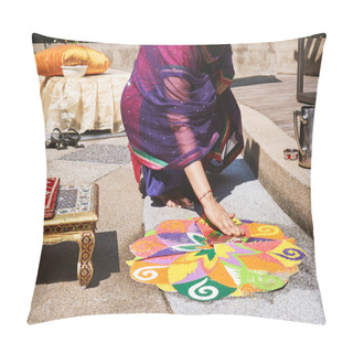 Personality  Women Decorating And Coloring Tradition Colorful Rice Art Or Sand Art (Rangoli) On The Floor With Paper Pattern Using Dry Rice And Dry Flour With Colored From Natural Pigments Like Sindoor, Haldi (turmeric) Pillow Covers