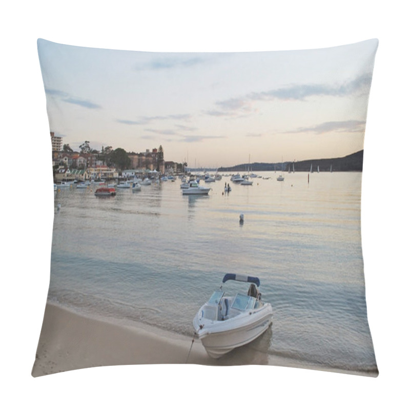 Personality  Private Boat On The Beach At Manly Cove During Pink Sunset. Pillow Covers