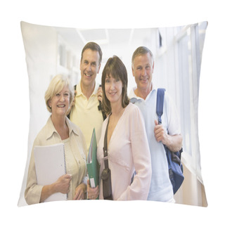 Personality  A Group Of Adult Students With Backpacks Standing In A Campus Co Pillow Covers