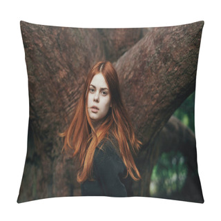 Personality  Woman In Black Dress Nature Walk Garden Trees Fresh Air Pillow Covers