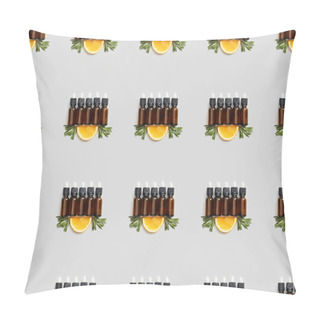 Personality  Pattern With Glass Bottles Of Essential Oil And Cut Orange On Grey Pillow Covers