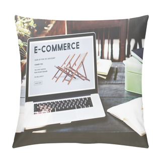 Personality  Opened Laptop On Wooden Table Pillow Covers