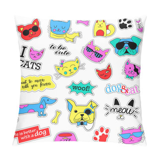Personality Pop Art Set With Fashion Patch Badges. Cats And Dogs Stickers, Pins, Patches, Quirky, Handwritten Notes Collection. 80s-90s Style. Trend. Vector Illustration Isolated. Pillow Covers