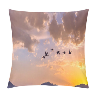 Personality  Migrating Silhouettes Of Flock Birds On Background Of Sunset And African Mountain Ranges  Pillow Covers