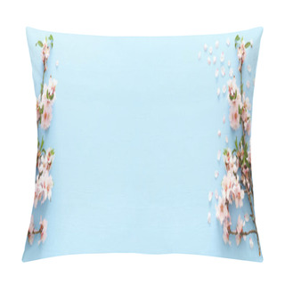 Personality  Photo Of Spring White Cherry Blossom Tree On Blue Wooden Background. View From Above, Flat Lay Pillow Covers