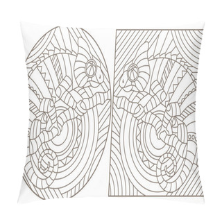 Personality  A Set Of Contour Illustrations Of Stained Glass Windows With Abstract Chameleons, Dark Outlines On A White Background, Oval And Rectangular Images Pillow Covers