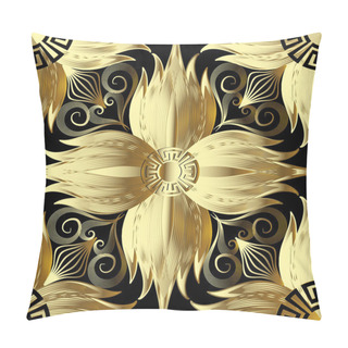 Personality  Gold 3d Flowers Seamless Pattern. Vector Abstract Floral Background. Greek Key Meanders Ornament. Golden Decorative Design With Geometric Shapes And Elements. Greek Mandala. Surface Repeated Texture. Pillow Covers