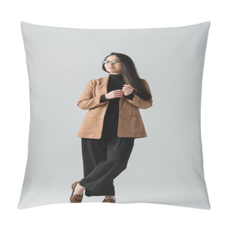 Personality  Full Length Of Young Asian Businesswoman In Beige Blazer And Black Pants Standing With Crossed Legs On Grey  Pillow Covers