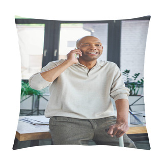 Personality  Myasthenia Gravis Disease, Happy African American Man At Work, Dark Skinned Office Worker With Ptosis Syndrome Holding Walking Cane And Talking On Smartphone, Inclusion, Corporate Culture  Pillow Covers