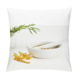 Personality  Goldenrod Twig Near Mortar And Pestle With Herbal Mix And And Glass With Fresh Plants On White Background Pillow Covers