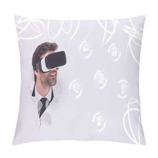 Personality  Smiling Man In Virtual Reality Headset In Hole In Wall With Glowing Cyberspace Illustration Pillow Covers