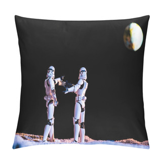 Personality  White Imperial Stormtrooper Aiming With Toy Gun At Another On Black Background With Planet Earth Pillow Covers
