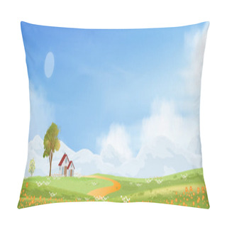 Personality  Spring Landscape In Countryside With Farmhous Green Meadow On Hills With Blue Sky, Vector Summer Or Spring Landscape, Panoramic Village With Grass Field And Wildflowers, Holiday Natural Background Pillow Covers