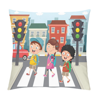 Personality  Vector Illustration Of Kids Walking Across Crosswalk Pillow Covers