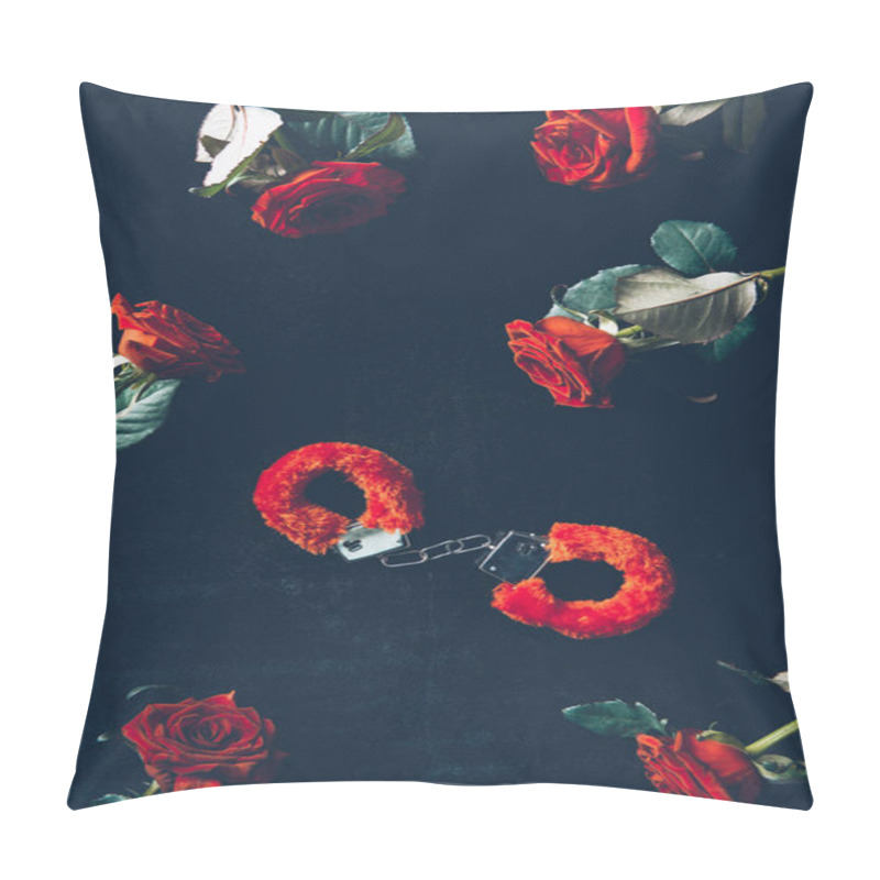 Personality  Top View Of Red Fluffy Handcuffs And Beautiful Roses On Black Pillow Covers