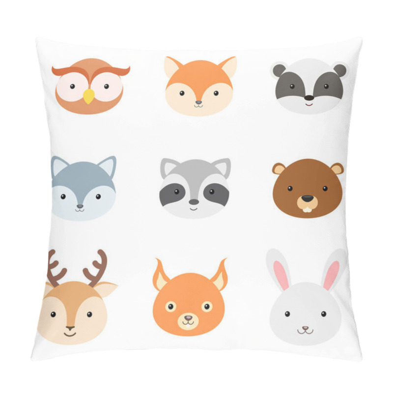 Personality  Cute funny animal heads. Woodland cartoon animal characters for baby print design, kids wear, baby shower celebration, greeting and invitation card, wall decor. Flat vector stock illustration pillow covers