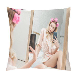 Personality  Selective Focus Of Attractive Woman With Hair Curlers Holding Smartphone While Taking Photo Near Mirror  Pillow Covers